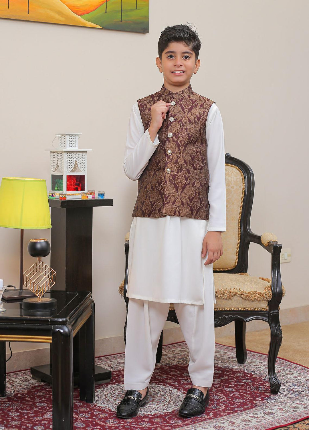 Real Image Jamawar Smart Fit Waistcoat for Kids -  OKW-020 Maroon Brn