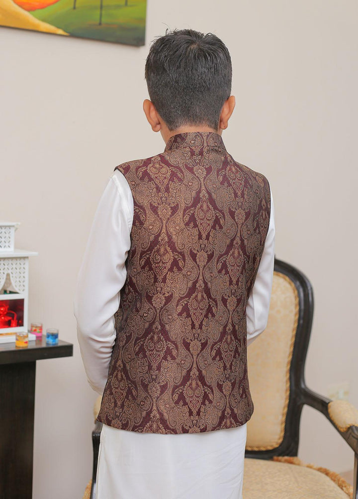 Real Image Jamawar Smart Fit Waistcoat for Kids -  OKW-020 Maroon Brn