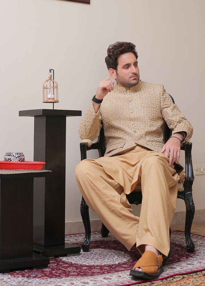 Real Image Raw Silk Formal Prince Coat for Men -  OPC - 011 Beige Gold