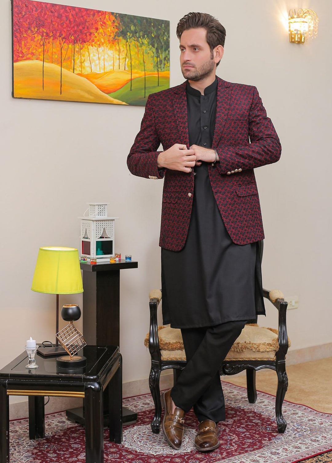 Real Image Raw Silk Formal Prince Coat for Men -  OPC - 014 Blk Maroon