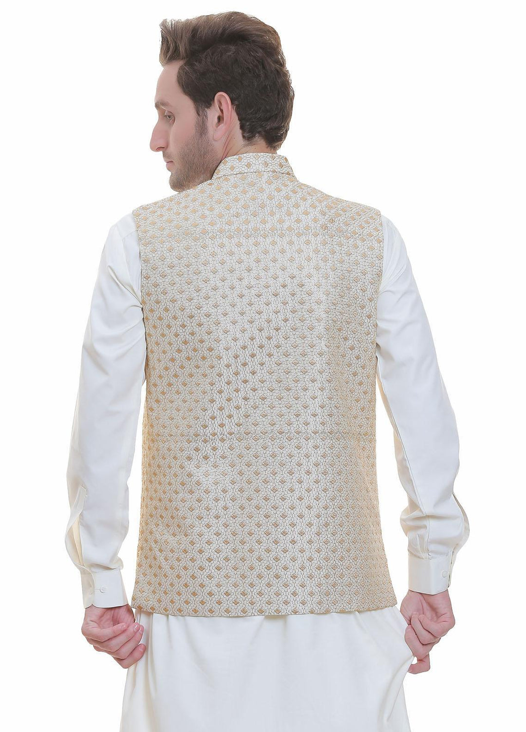 Real Image Jamawar  Waistcoats for Men -  W-100 Gold
