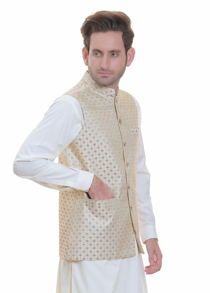 Real Image Jamawar  Waistcoats for Men -  W-100 Gold