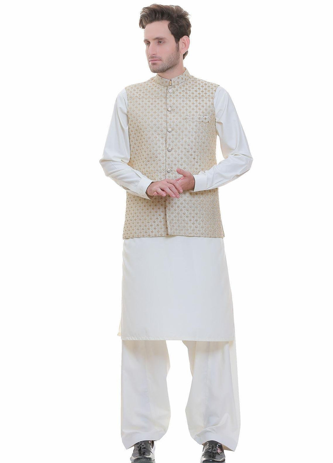 Real Image Jamawar  Waistcoats for Men -  W-100 Gold