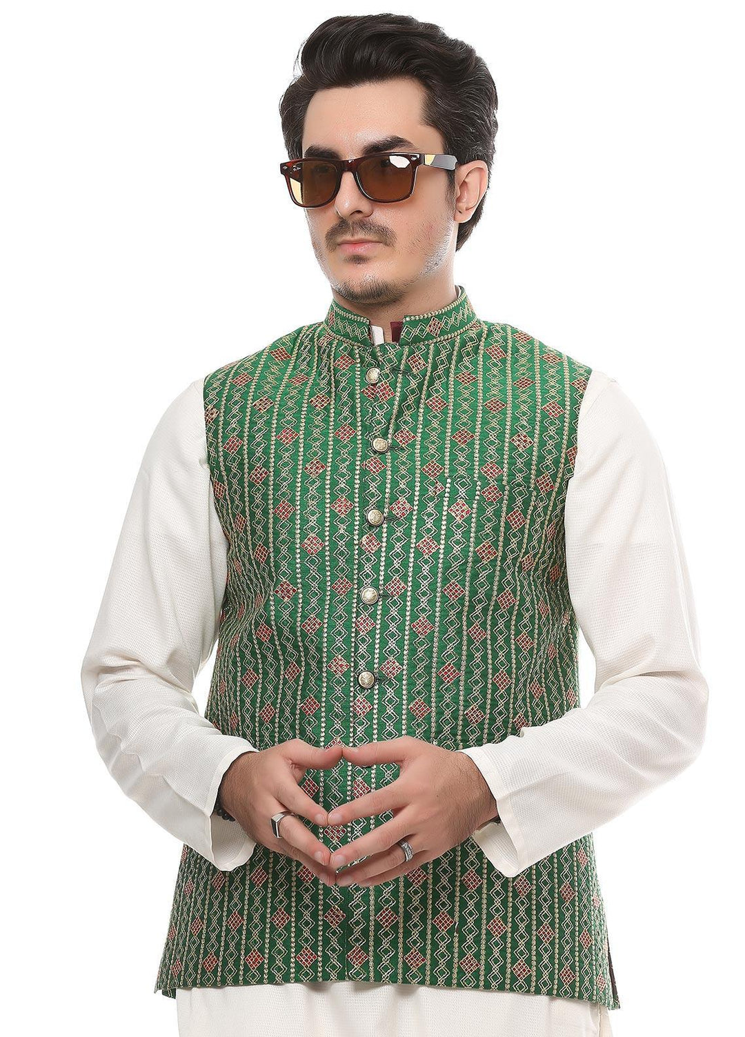 Real Image Jamawar  Waistcoats for Men -  W-68 Green