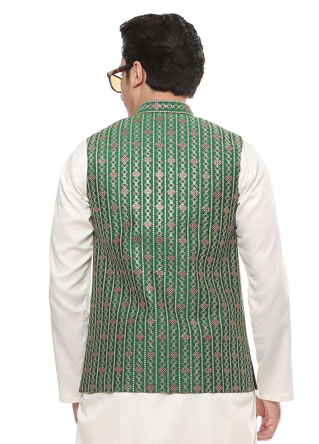 Real Image Jamawar  Waistcoats for Men -  W-68 Green