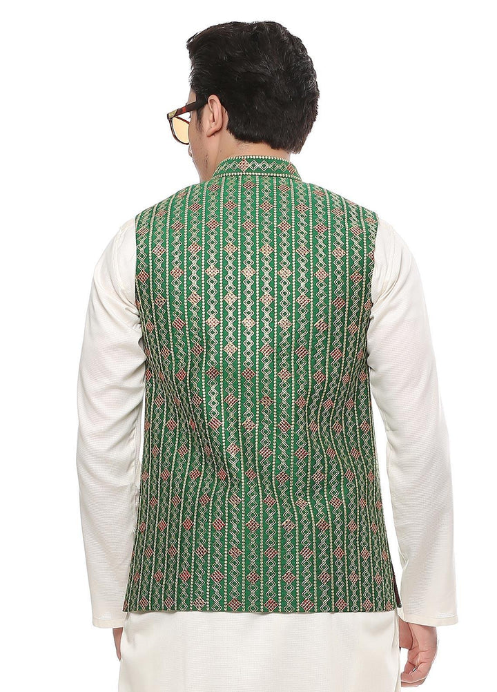 Real Image Jamawar  Waistcoats for Men -  W-68 Green