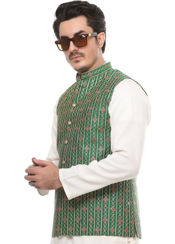 Real Image Jamawar  Waistcoats for Men -  W-68 Green