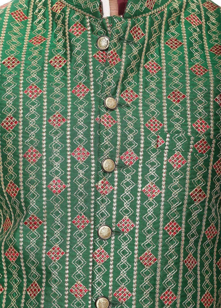 Real Image Jamawar  Waistcoats for Men -  W-68 Green
