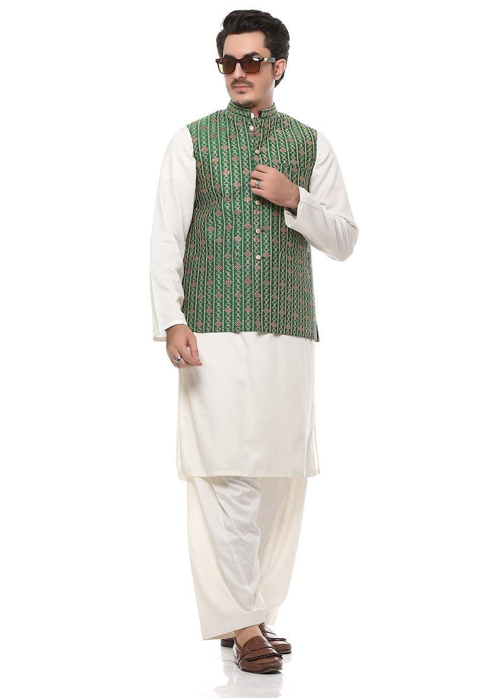 Real Image Jamawar  Waistcoats for Men -  W-68 Green