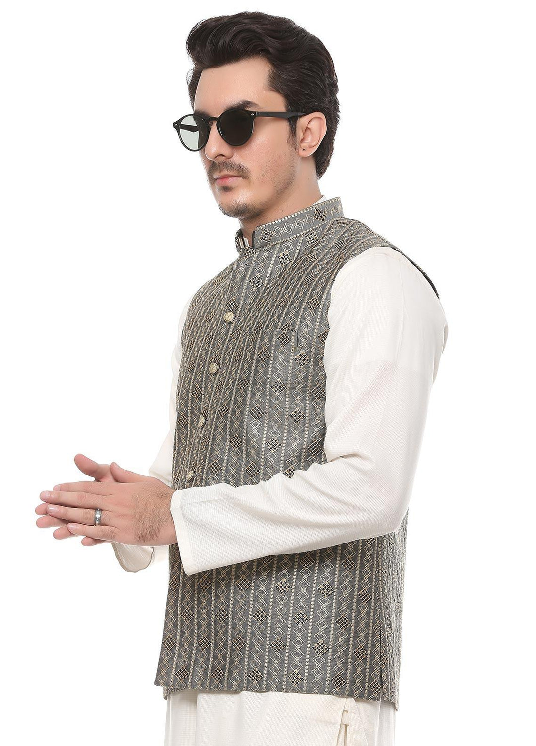 Real Image Jamawar  Men Waistcoats -  W-68 Grey