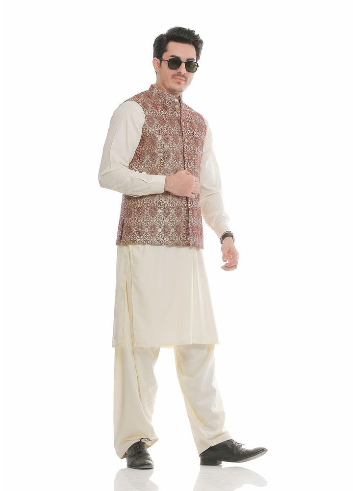 Real Image Jamawar  Waistcoats for Men -  W-70 Gold