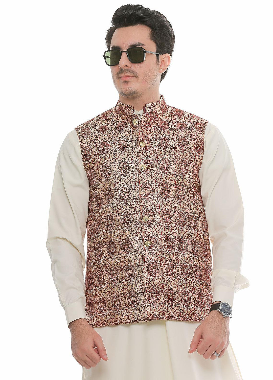 Real Image Jamawar  Waistcoats for Men -  W-70 Gold