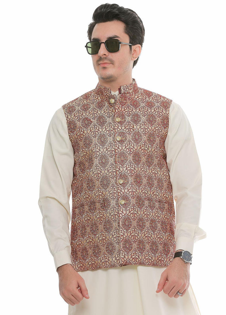 Real Image Jamawar  Waistcoats for Men -  W-70 Gold