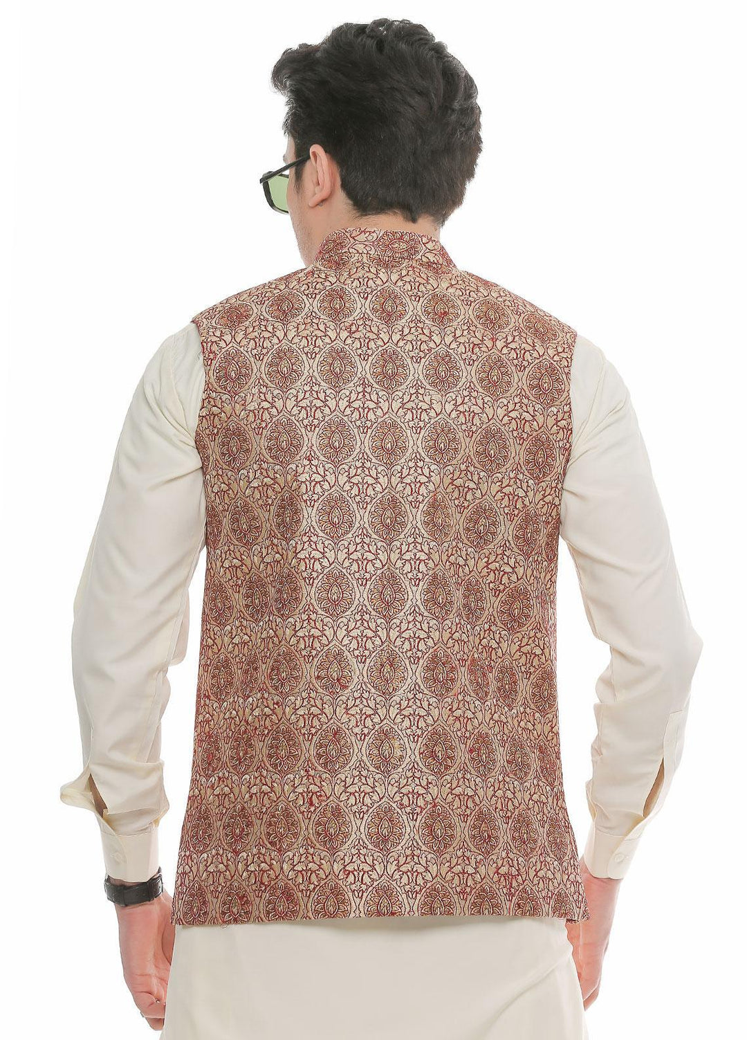 Real Image Jamawar  Waistcoats for Men -  W-70 Gold