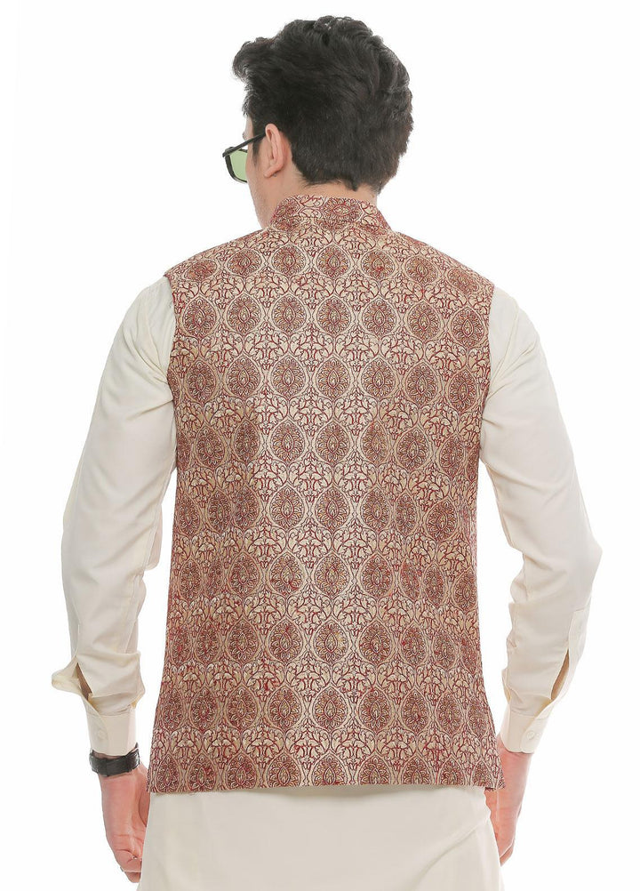 Real Image Jamawar  Waistcoats for Men -  W-70 Gold