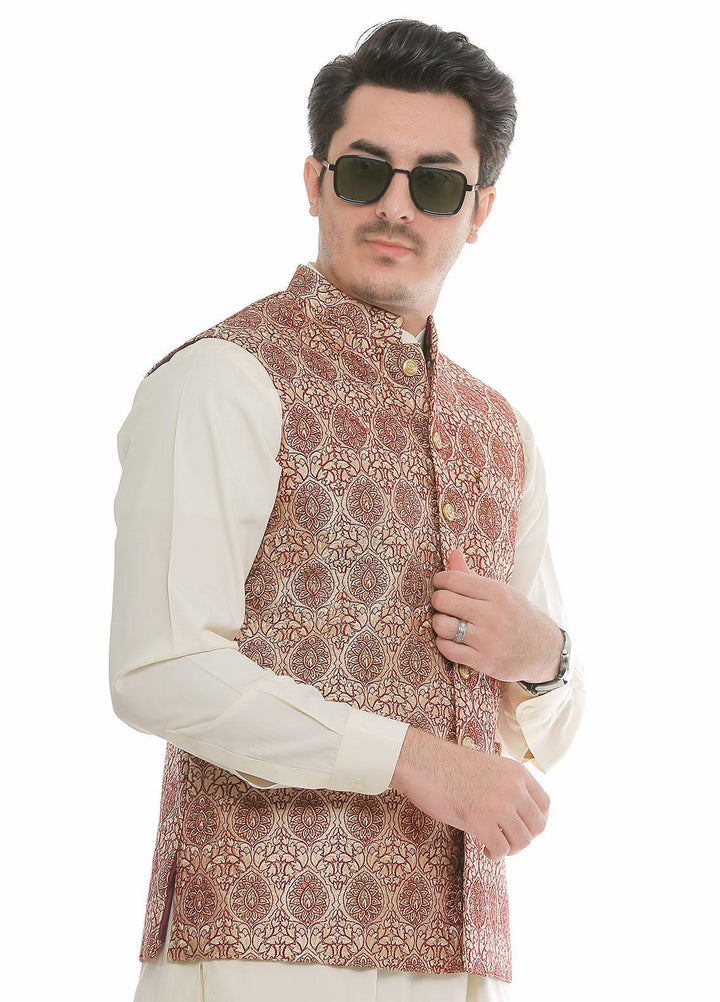 Real Image Jamawar  Waistcoats for Men -  W-70 Gold