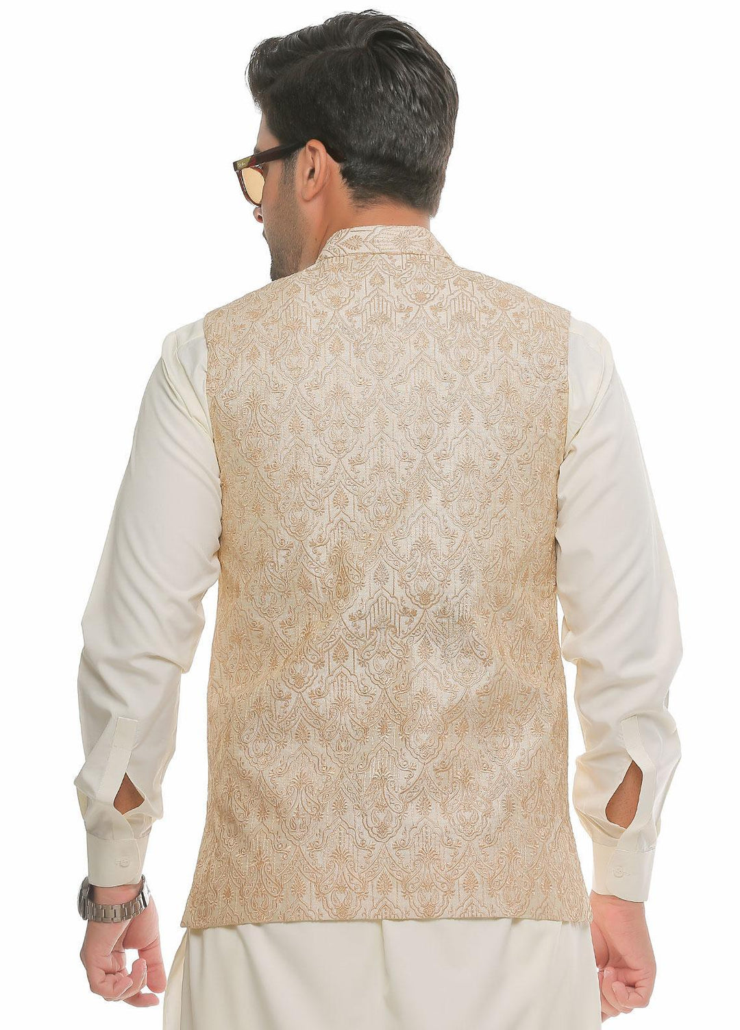 Real Image Jamawar  Men Waistcoats -  W-71 Beige