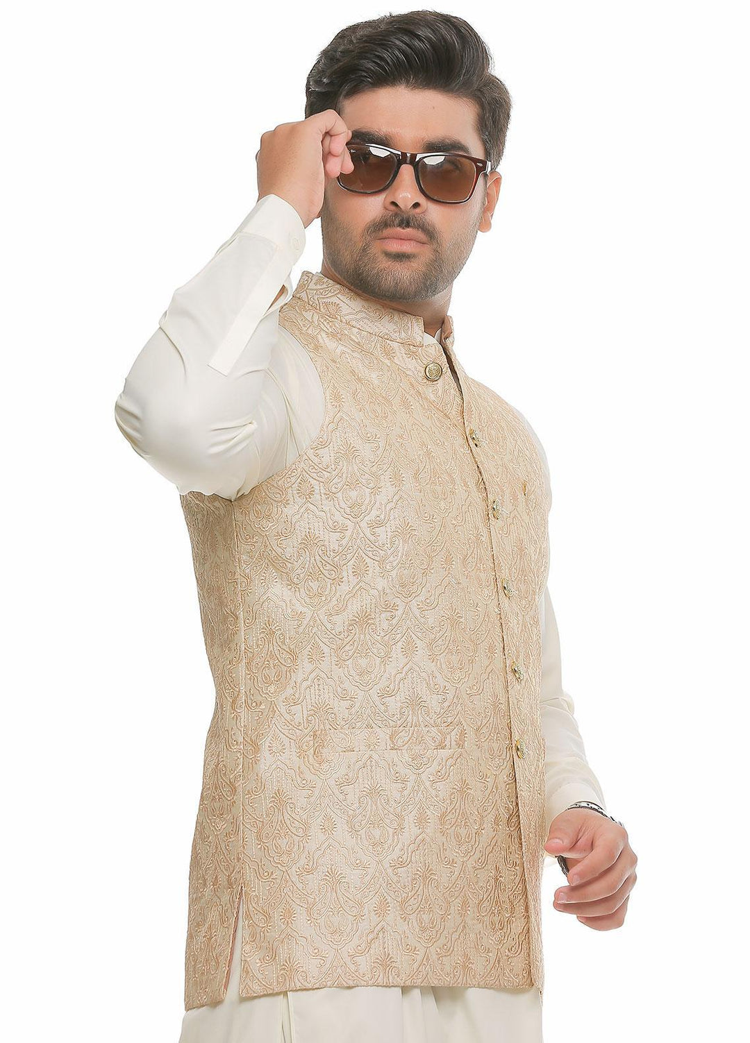 Real Image Jamawar  Men Waistcoats -  W-71 Beige