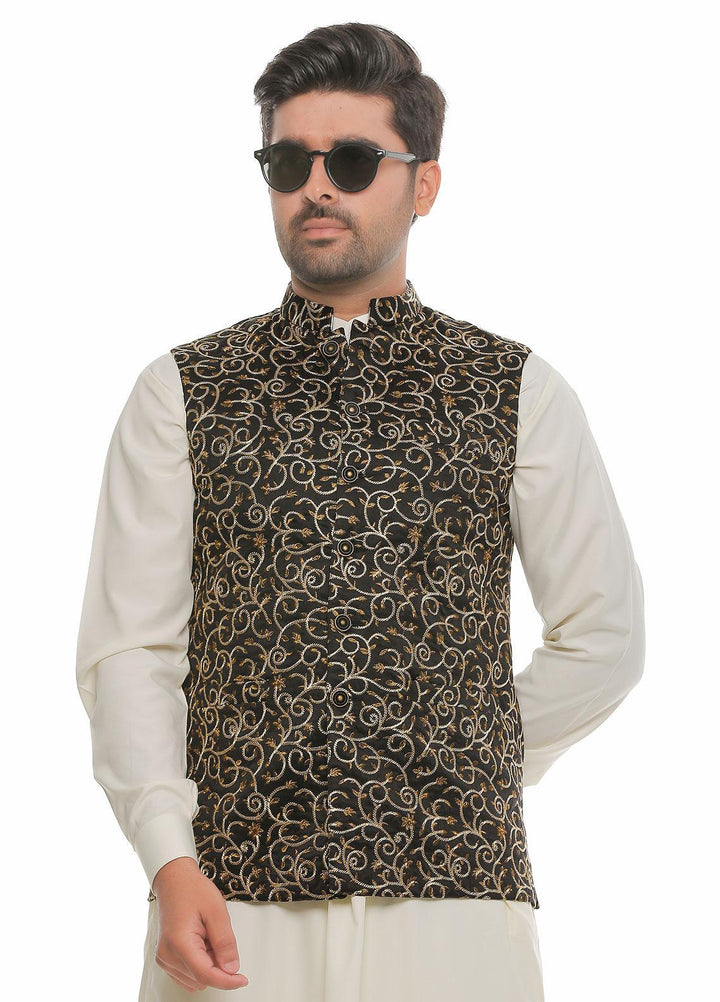 Real Image Jamawar  Waistcoats for Men -  W-75 Black