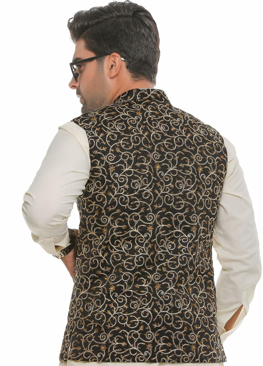 Real Image Jamawar  Waistcoats for Men -  W-75 Black