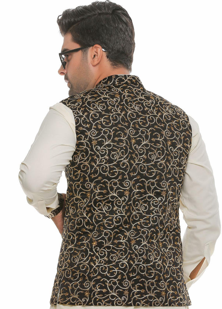Real Image Jamawar  Waistcoats for Men -  W-75 Black