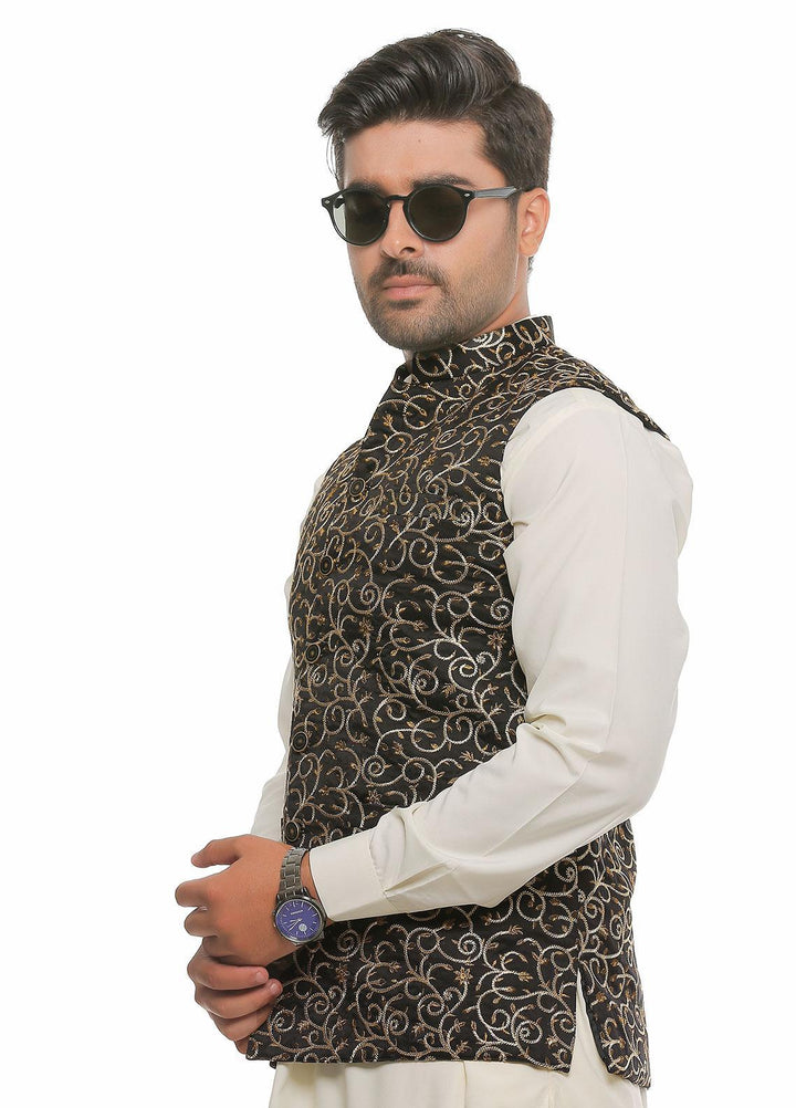 Real Image Jamawar  Waistcoats for Men -  W-75 Black