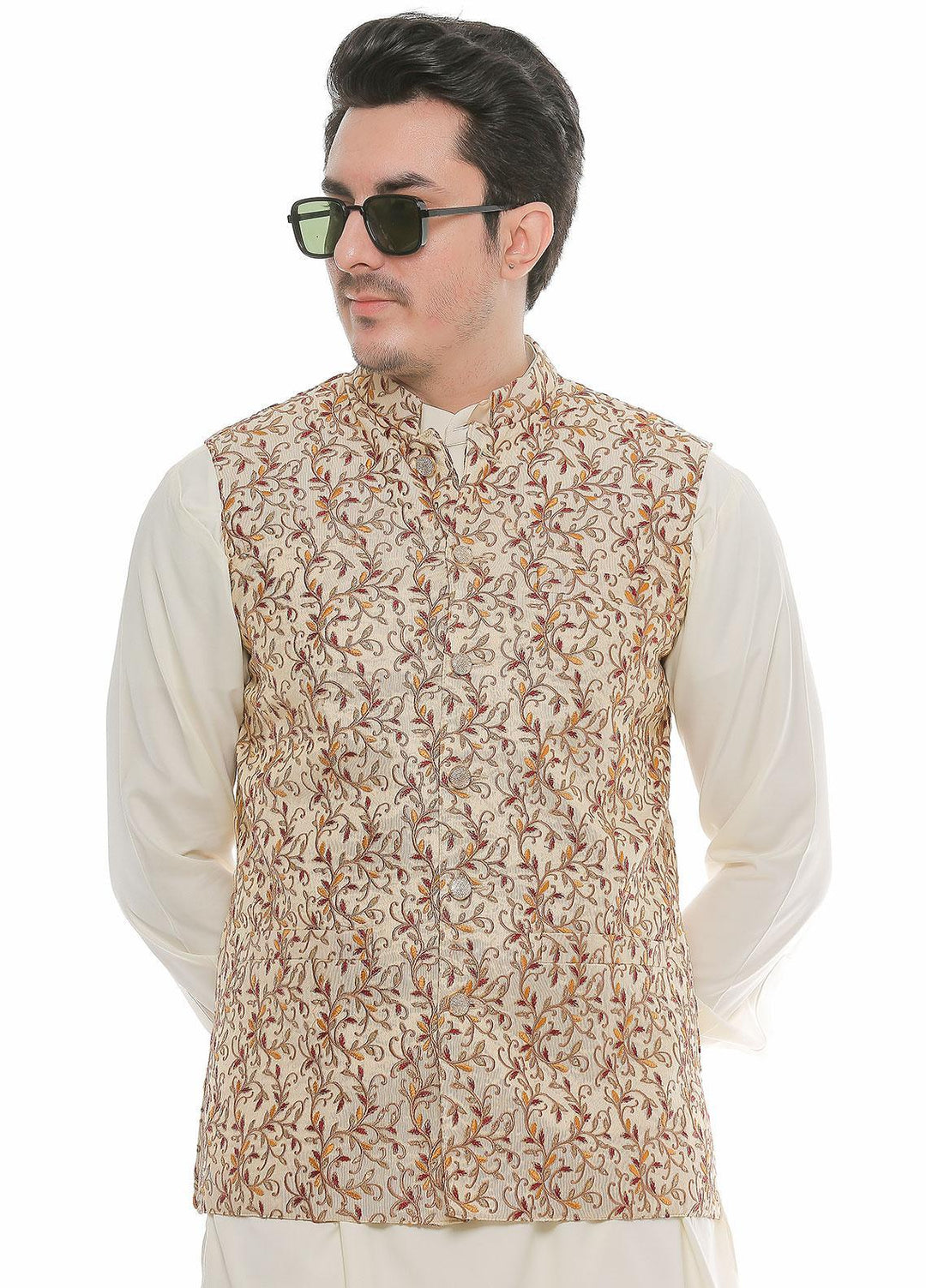 Real Image Jamawar  Men Waistcoats -  W-82 Gold