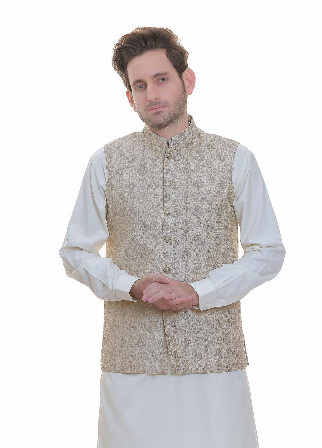 Real Image Jamawar  Men Waistcoats -  W-96 Gold