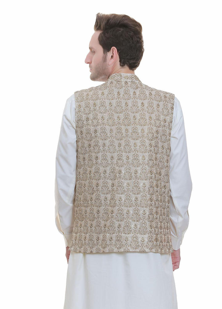 Real Image Jamawar  Waistcoats for Men -  W-99 Gold