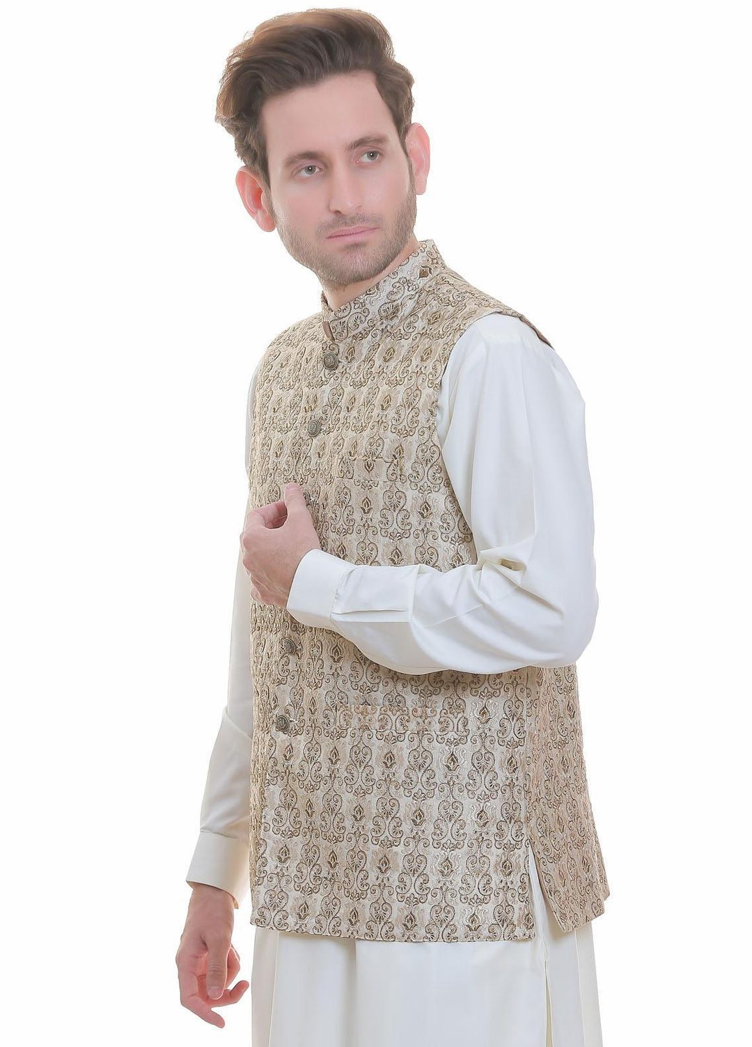 Real Image Jamawar  Waistcoats for Men -  W-99 Gold