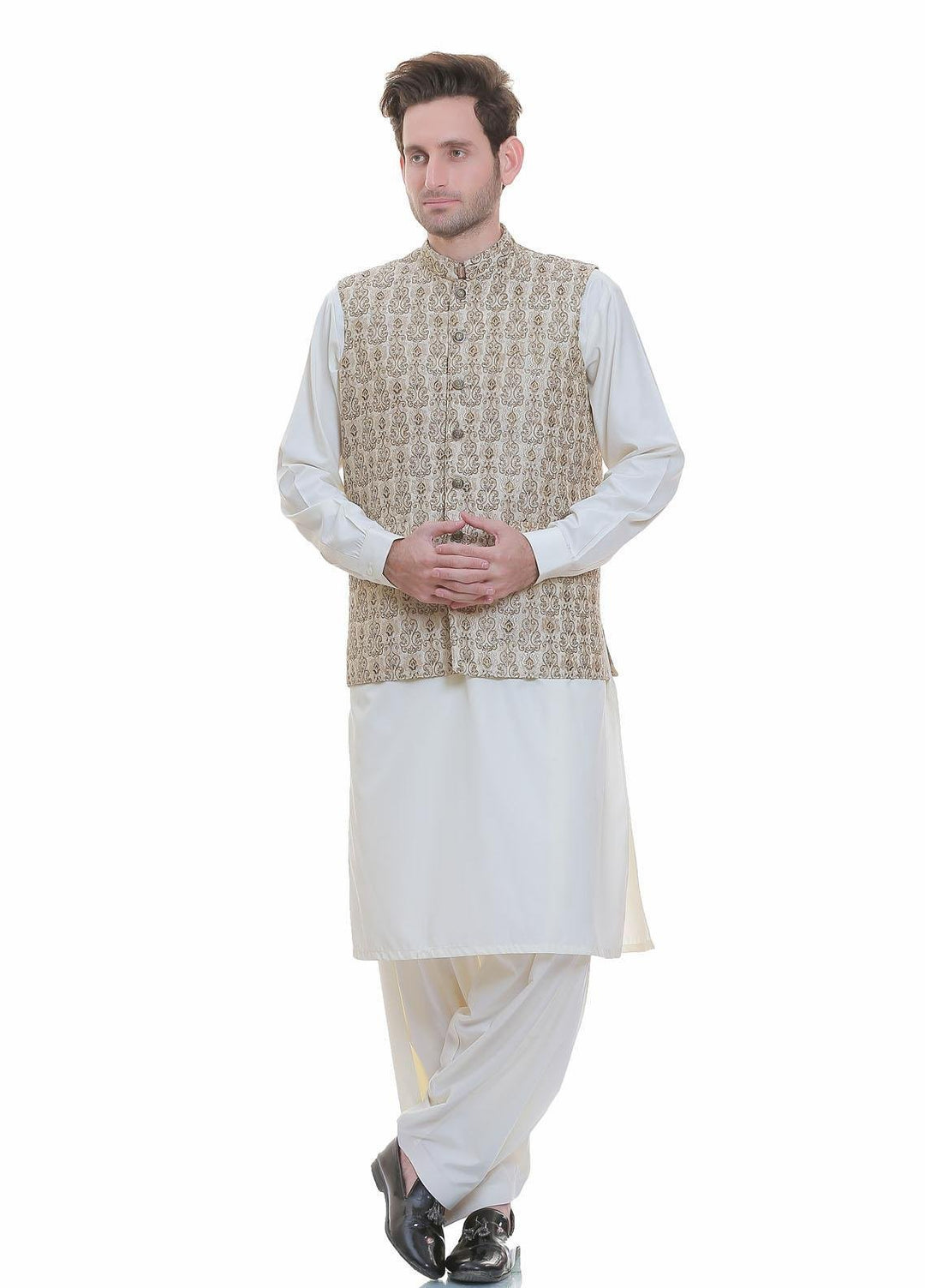 Real Image Jamawar  Waistcoats for Men -  W-99 Gold