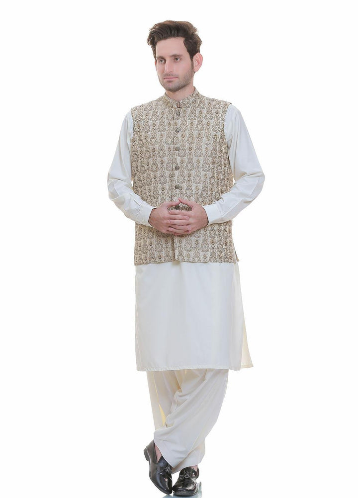 Real Image Jamawar  Waistcoats for Men -  W-99 Gold