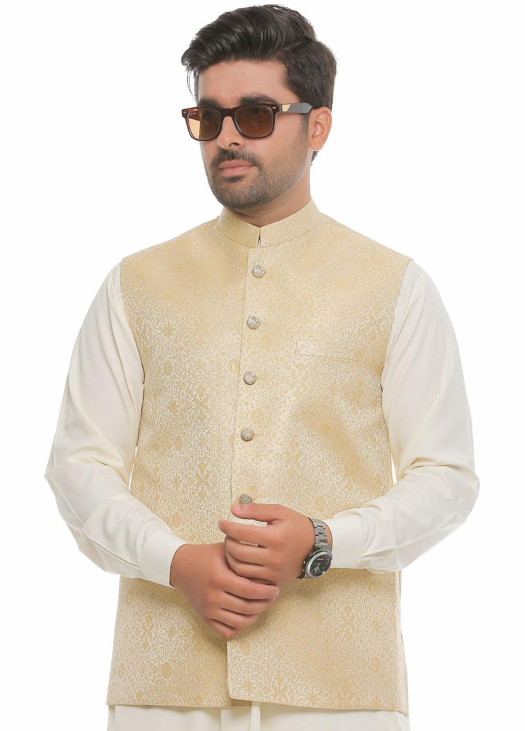 Real Image Jamawar  Waistcoats for Men -  WP-85 Gold