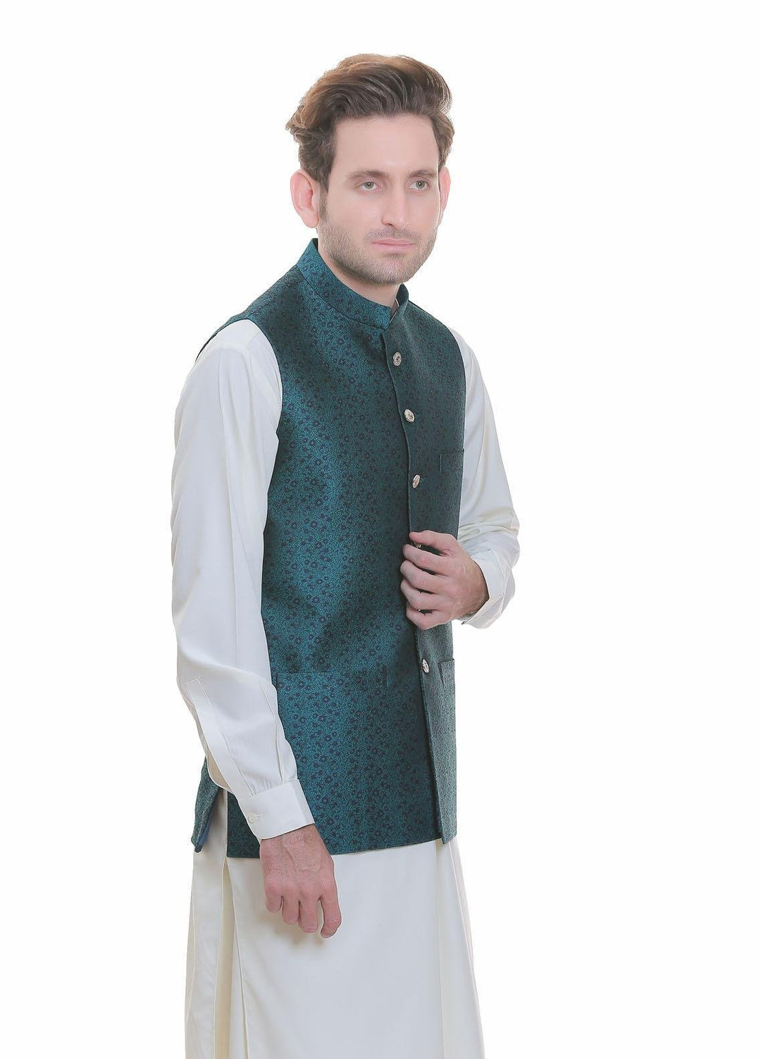 Real Image Jamawar  Men Waistcoats -  WP-88 Sea Green
