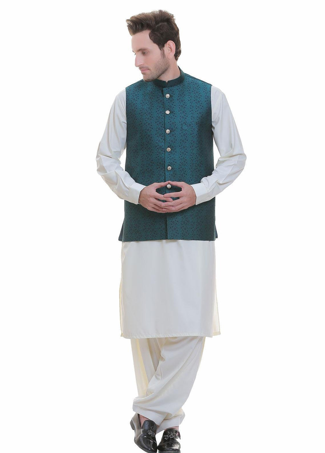 Real Image Jamawar  Men Waistcoats -  WP-88 Sea Green