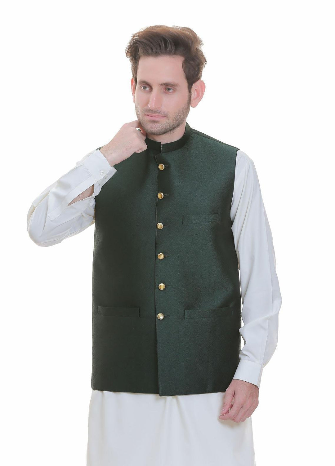 Real Image Jamawar  Waistcoats for Men -  WP-89 Green