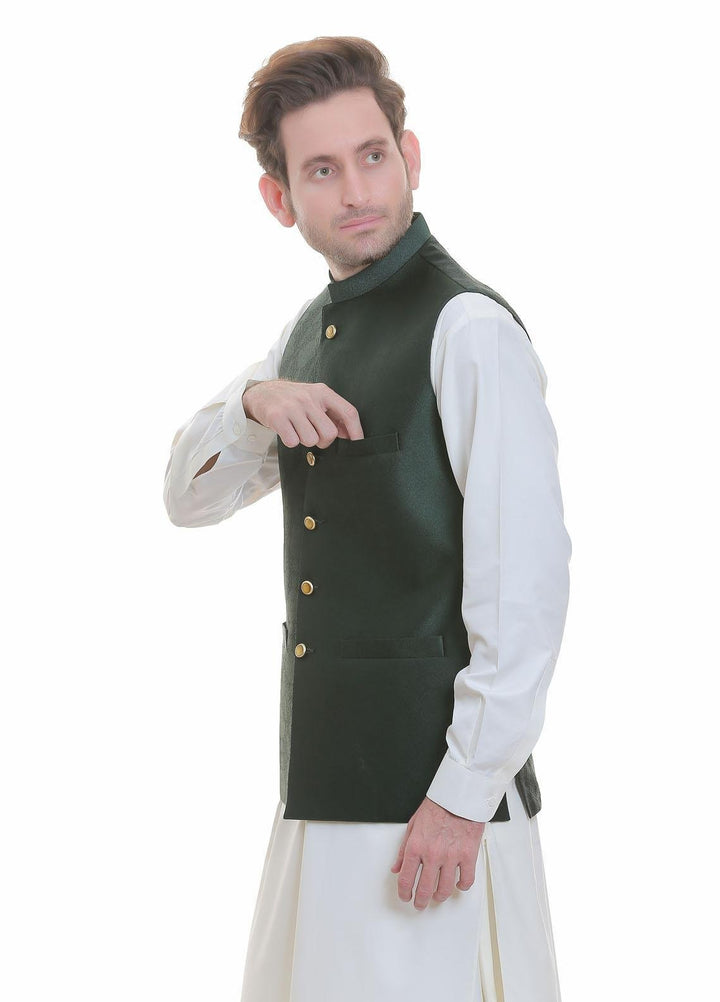 Real Image Jamawar  Waistcoats for Men -  WP-89 Green