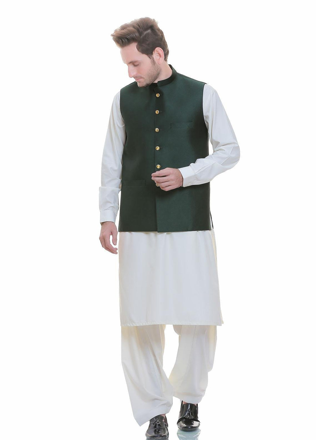Real Image Jamawar  Waistcoats for Men -  WP-89 Green