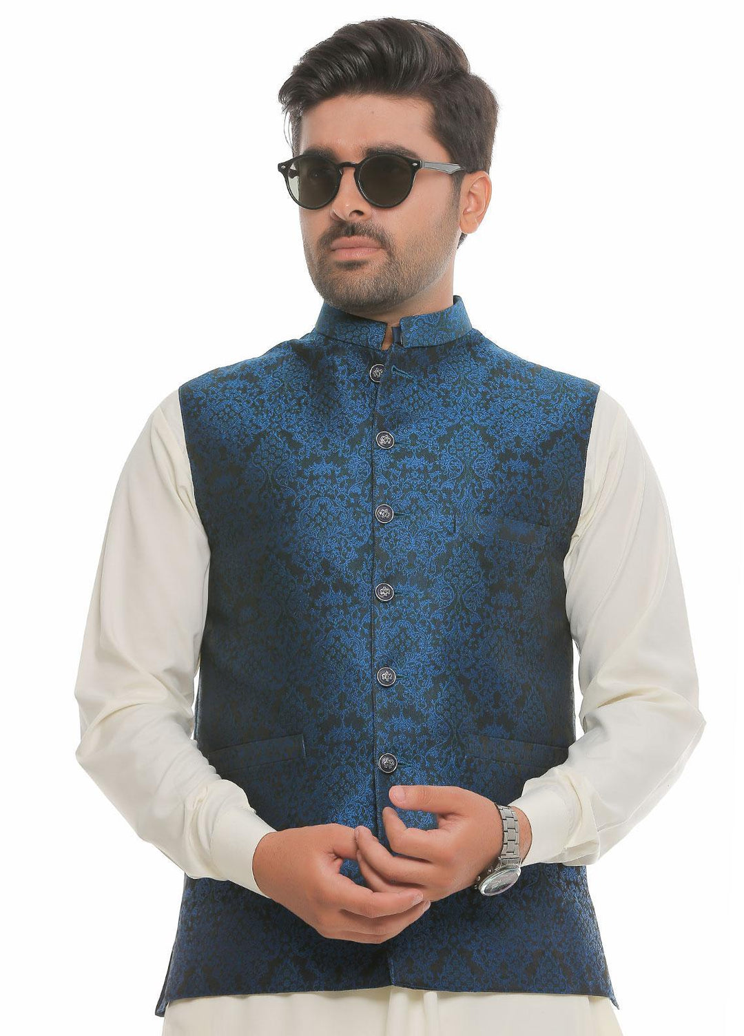Real Image Jamawar  Men Waistcoats -  WP-92 Blue