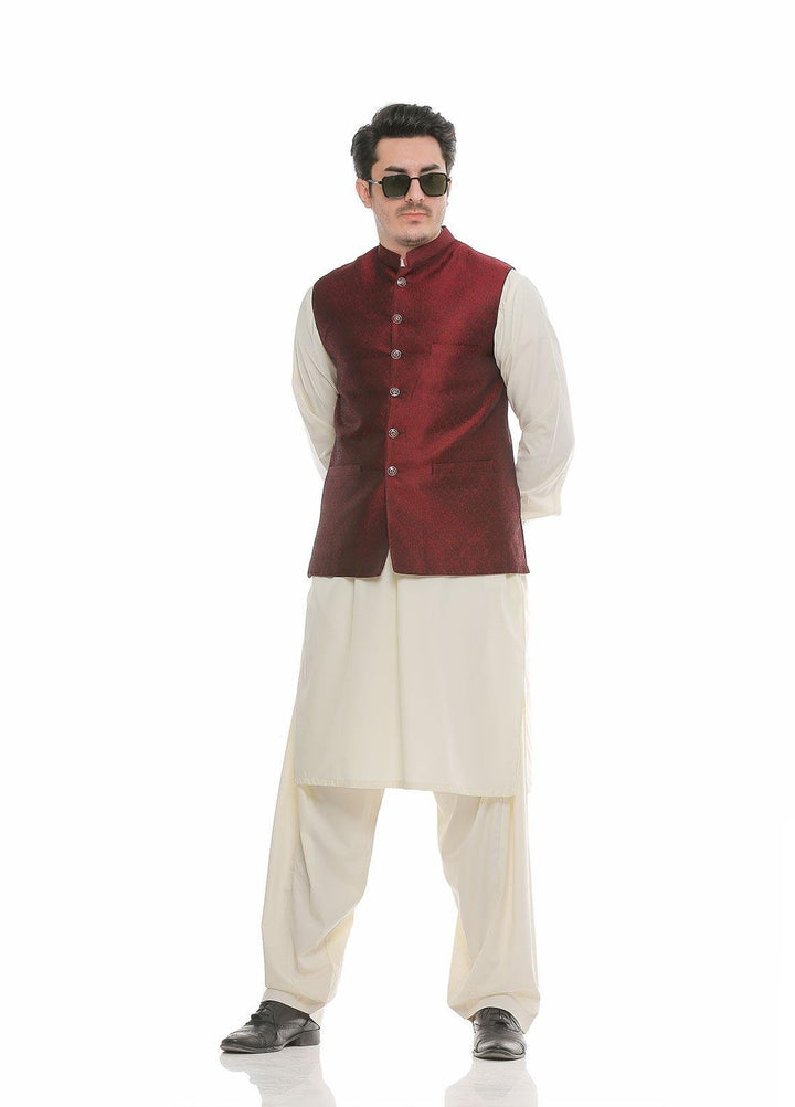 Real Image Jamawar  Waistcoats for Men -  WP-93 Maroon