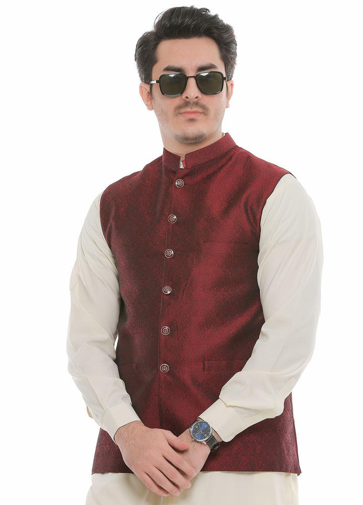 Real Image Jamawar  Waistcoats for Men -  WP-93 Maroon
