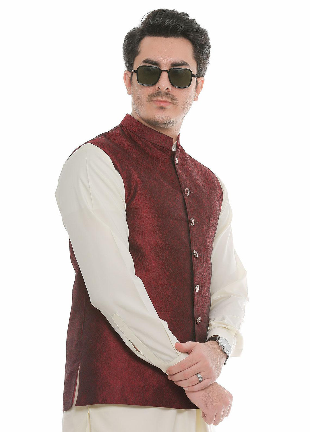 Real Image Jamawar  Waistcoats for Men -  WP-93 Maroon