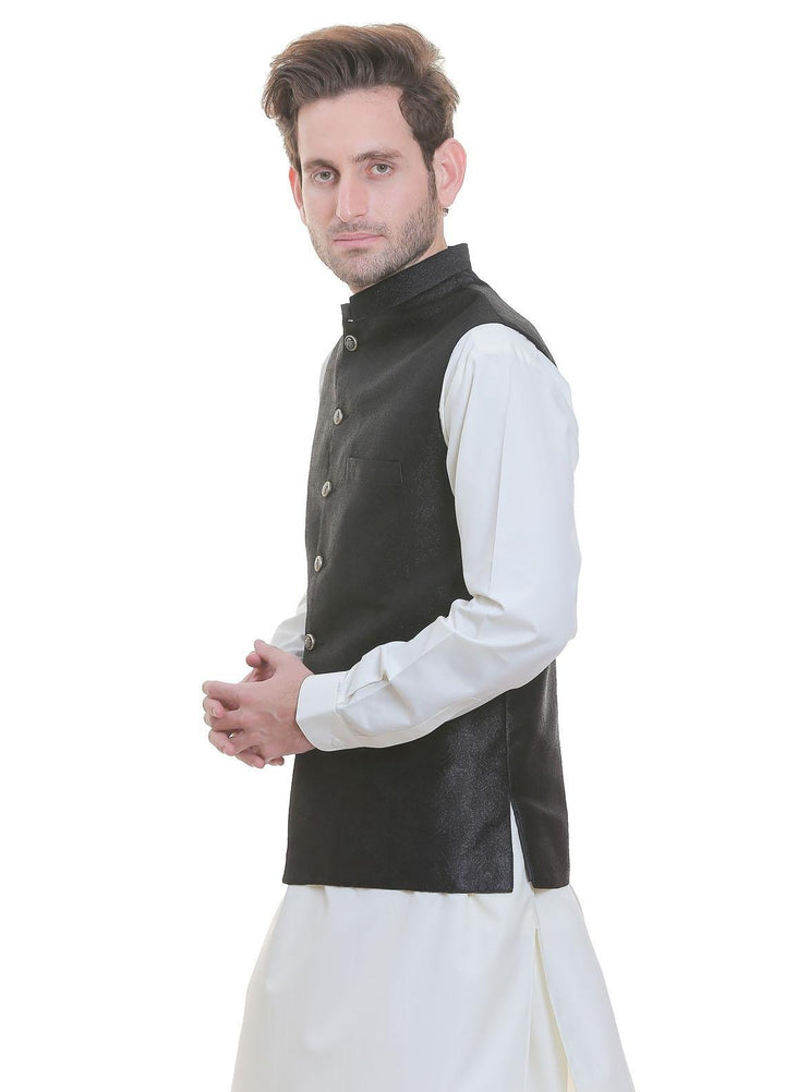 Real Image Jamawar  Waistcoats for Men -  WP-94 Black