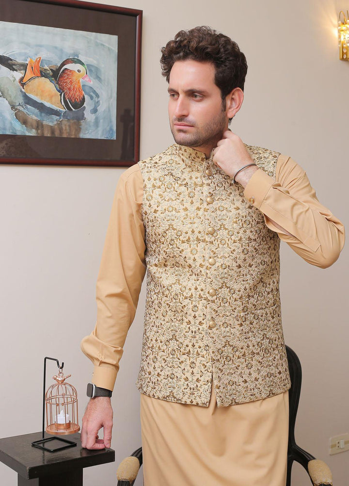 Real Image Jamawar Formal Waistcoat for Men -  OW - 002 Gold