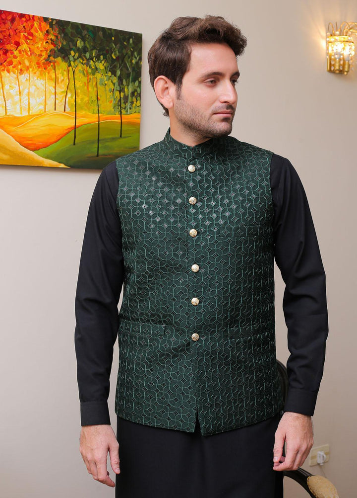 Real Image Raw Silk Formal Waistcoat for Men -  OW - 009 Drk Green