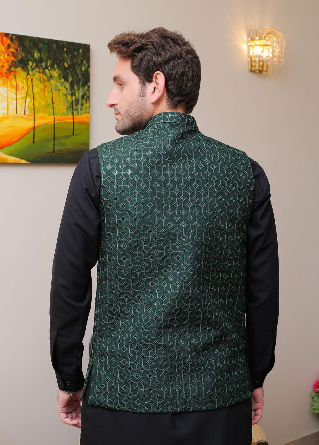 Real Image Raw Silk Formal Waistcoat for Men -  OW - 009 Drk Green