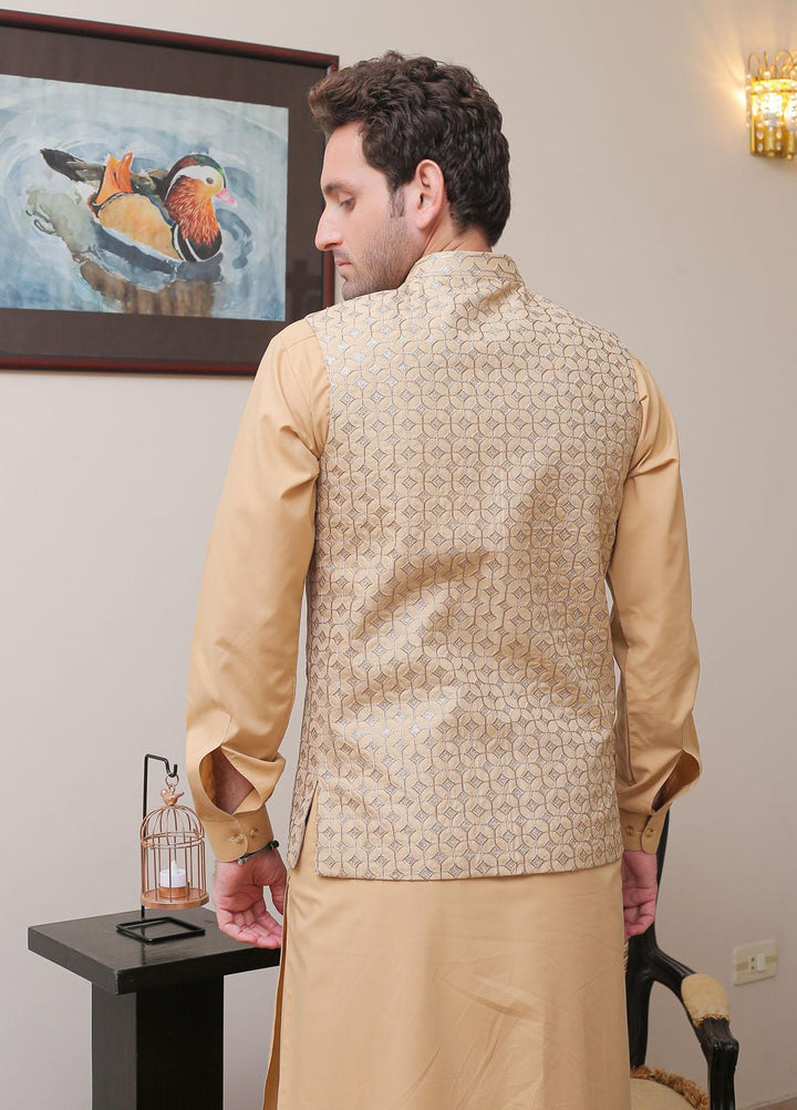 Real Image Raw Silk Formal Waistcoat for Men -  OW - 011 Beige Gold