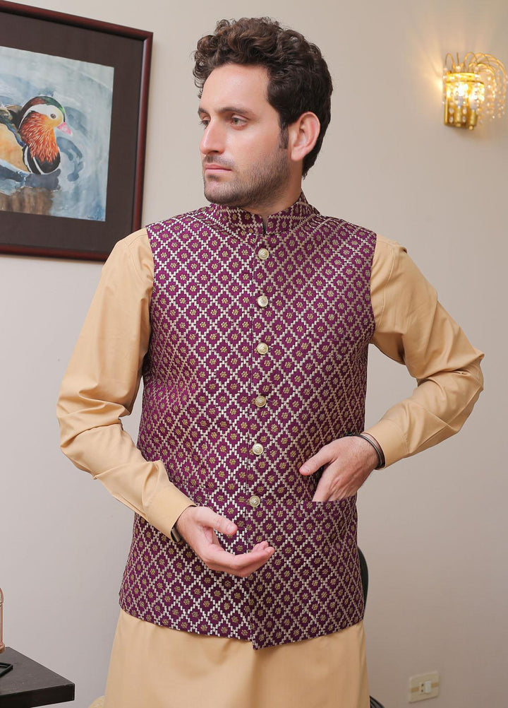 Real Image Raw Silk Formal Waistcoat for Men -  OW - 013 Purple Gold