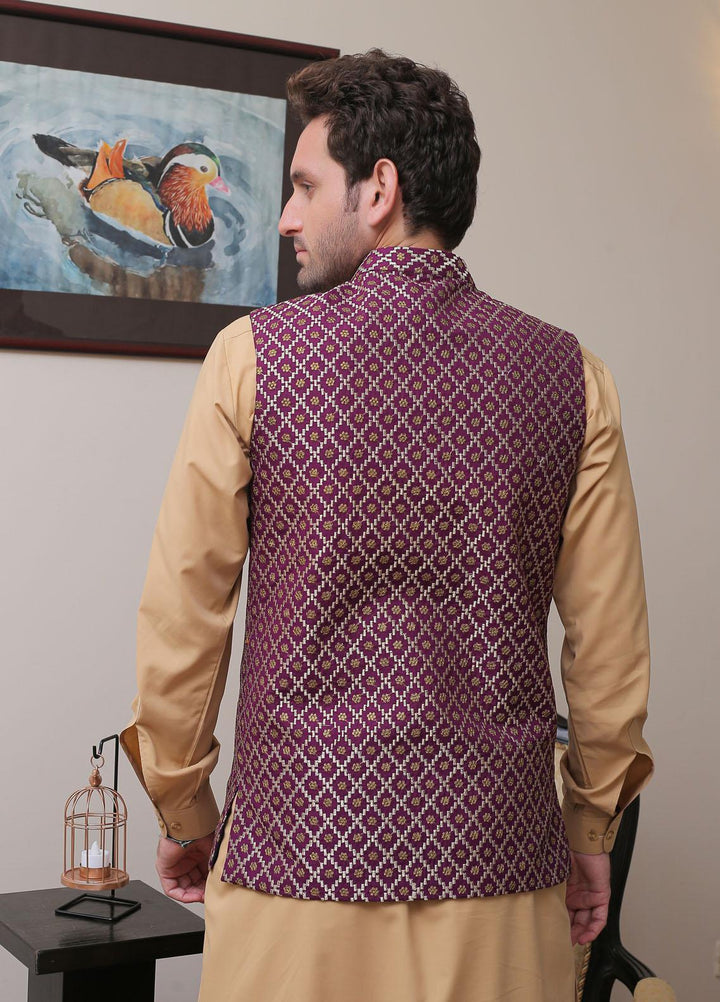 Real Image Raw Silk Formal Waistcoat for Men -  OW - 013 Purple Gold