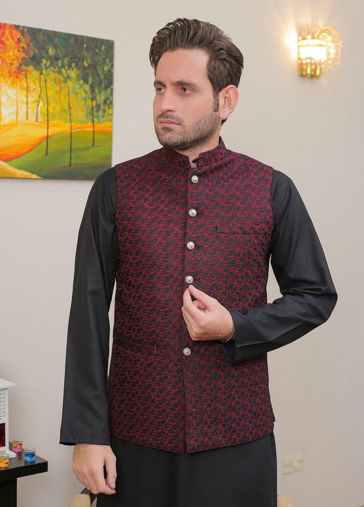 Real Image Raw Silk Formal Waistcoat for Men -  OW - 014 Blk Maroon
